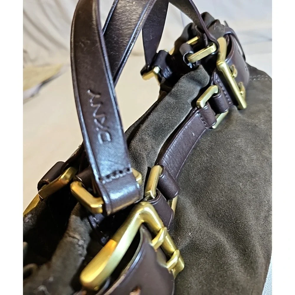 ✨ Y2K  Donna Karan Chocolate Suede Double Buckle Mini-Satchel, BOHO Slouchy Edgy